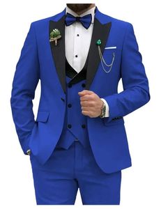 Herenpakken Blazers Royal Blue Mens Ultra dunne set 3-delige dubbele borst bruiloft Ball Party Business (Pioneer+tanktop+broek) Q240507