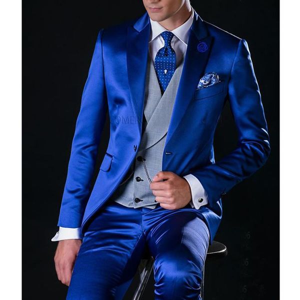 Trajes para hombres Blazers Royal Blue Satin Men para boda con chaleco gris Slim Fit Novio Esmoquin Moda masculina 3 piezas (chaqueta + chaleco + pantalones)