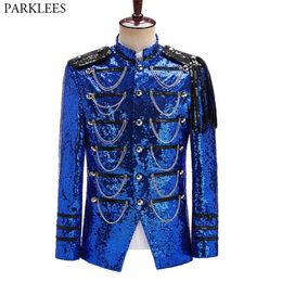 Costumes pour hommes Blazers Royal Blue Sequin embelli militaire Blazer veste hommes scène fête bal hommes Costume de smoking veste chanteur spectacle DJ Costume Homme 231211