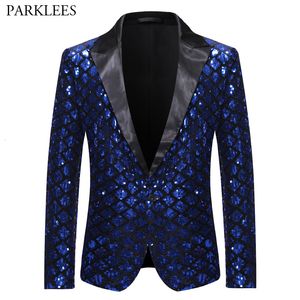 Costumes pour hommes Blazers Bleu royal Sequin Glitter Agrémenté Blazer Veste Hommes Un Bouton Brillant Plaid Tuxedo Hommes Discothèque Prom Stage Costumes 221124