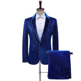 Costumes pour hommes Blazers Costume de smoking en velours bleu royal Costume de mariage pour hommes Pantalon de robe de marié pour hommes Costume de dîner à revers à un bouton 231113