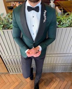 Herenpakken Blazers Royal Green Pak sjaal revers Blazer 2 stuks platte moderne fit Tuxedos man voor bruiloft blazer broek 221202