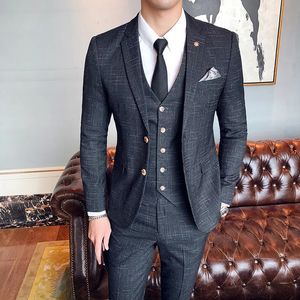 Men's Suits Blazers S-7XL Blazer Vest Pants Groom Wedding Dress Dark Plaid Classic Retro Men's Formal Business Suit Three-Piece Set 231023