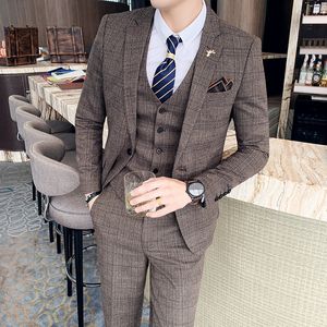 Men's Suits Blazers S-7XL JacketVestPants Fashion Boutique Lattice Formal Business Mens Suit 3pcs Set Groom Wedding Dress Plaid Suit Show Stage 230410