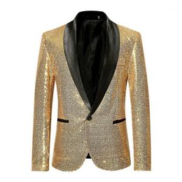 Trajes para hombre Blazers Lentejuelas doradas brillantes Bling Glitter Blazer Hombres 2021 Cuello chal Club DJ Chaqueta para hombre Ropa de escenario para Sin289H