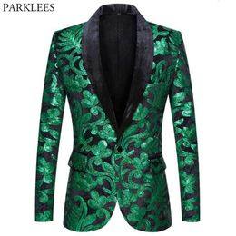 Costumes pour hommes Blazers Brillant vert Floral Sequin Tuxedo Blazers hommes un bouton col châle robe Costume veste fête dîner mariage bal chanteur Costume 230912