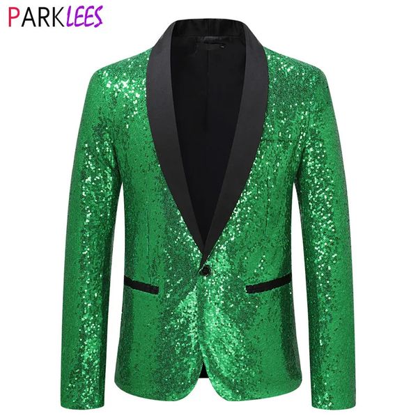 Trajes para hombres Blazers Blazer de fiesta con brillo de discoteca con lentejuelas verdes brillantes para hombres Navidad Mardi Gras Disfraz de Halloween Cena Boda Traje de fiesta Chaqueta 2XL 231110