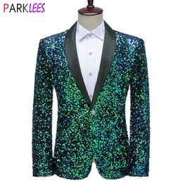 Costumes pour hommes Blazers Sequins verts brillants Bling Blitter Blazer Men Châle Collier un bouton Tuxedo Costumes Blazer Mens Wedding Party Stage Costumes 230210