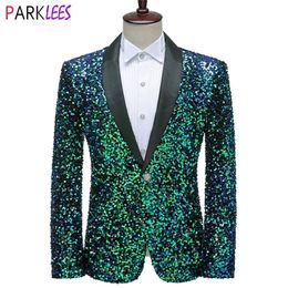 Trajes para hombres Blazers Lentejuelas verdes brillantes Bling Glitter Blazer Hombres Cuello chal Un botón Trajes de esmoquin Blazer Trajes de fiesta de boda para hombre 220826