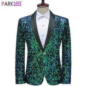 Herenpakken Blazers Glanzende Groene Pailletten Bling Glitter Mannen Sjaalkraag Eén Knop Tuxedo Heren Bruiloft Stadiumkostuums 221118