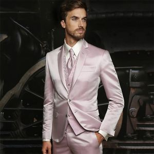 Costumes pour hommes Blazers Shiny Pink Satin Costumes pour hommes Slim Fit Groom Wedding Prom Tuxedo 3 Piece Jacket Vest Pantalon Set Fashion Model Wear Costume Homme 220909