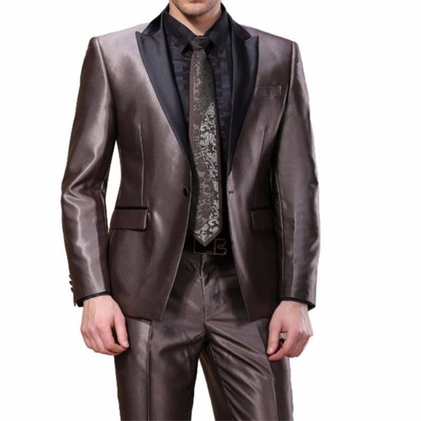 Costumes Hommes Blazers Satin Satin Hommes Mariage Mariage Tuxedos 2pcs Brown Wear Port Pantalon Soirée Blu Blazer (Veste + Pantalon)