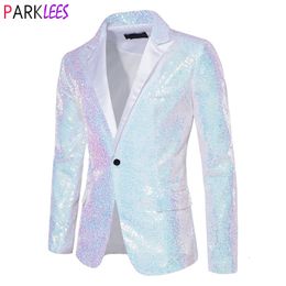 Costumes pour hommes Blazers Brillant Blanc Paillettes Paillettes Blazer pour Hommes Un Bouton Col Veste De Smoking Hommes De Mariage Marié Fête De Bal Costume De Scène Homme 230825