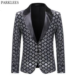 Costumes pour hommes Blazers Argent Sequin Plaid Blazer Veste Hommes Mode Slim Fit Un Bouton Robe Costume Blazer Mâle Partie De Mariage Costume De Scène Homme 230512