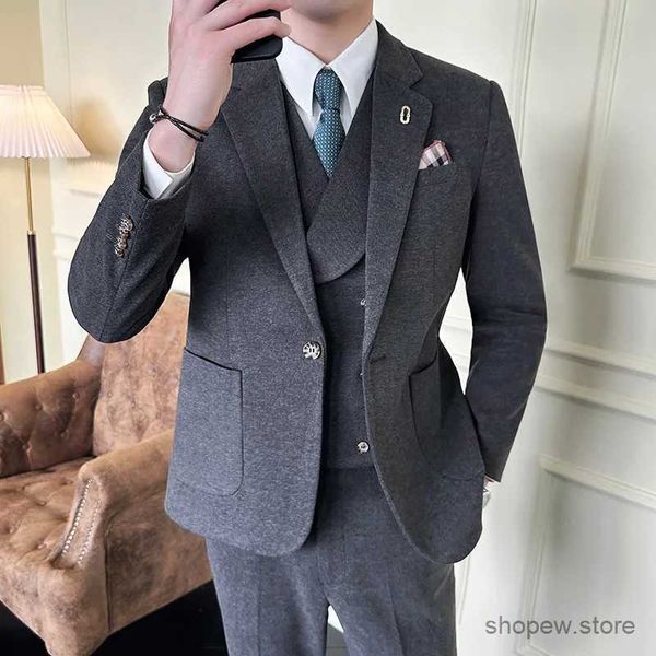 Trajes para hombres Blazers Traje de boda con un solo botón S-5XL (traje + chaleco + pantalones) 2023 Nuevo traje de color sólido delgado coreano de gama alta a la moda para hombres 3/2 conjuntos