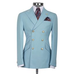 Herenpakken Blazers Sky Blue Classic 6 Knoppen Men Slim Fit 2-delige jas broek Double Breasted Breid Bread Groom Man op maat gemaakte kleding 230202