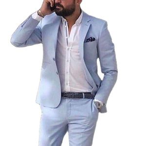 Trajes para hombre Blazers Sky Blue Linen Beach Men 2023 Verano 2 piezas Slim Fit Novio Esmoquin para boda Chaqueta de moda masculina con pantalones