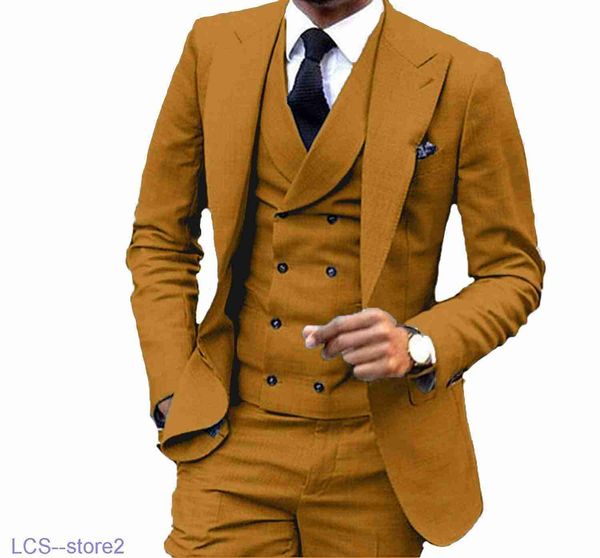 Costumes pour hommes Blazers Slim Fit Marron Jaune Marié Tuxedos Peak Revers Garçons D'honneur Hommes Robe De Mariée Populaire Homme Veste Blazer 3 pièces Costume (veste + pantalon + gilet + cravate) 1047