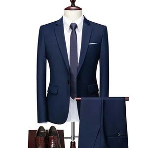 Herenpakken Blazers Spring en herfst 2019 Nieuwe Mens Business Casual Solid Color Set/Mens Single Button Jacket Coat broek broek Q240507