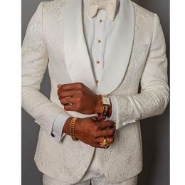 Costumes pour hommes Blazers Style Groomsmen Ivoire Motif Groom Tuxedos Châle Satin Revers Hommes 2 Pièces Mariage Homme Veste Pantalon Tie220f
