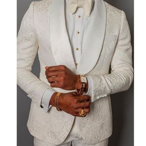 Costumes pour hommes Blazers Style Groomsmen Ivoire Motif Groom Tuxedos Châle Satin Revers Hommes 2 Pièces Mariage Homme Veste Pantalon Tie249R