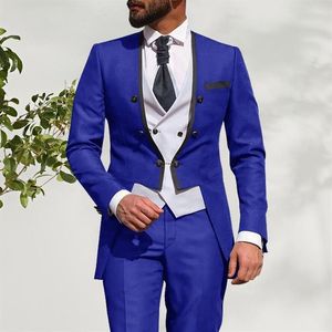 Costumes pour hommes Blazers Style hommes bleu Royal et blanc marié Tuxedos revers rond garçons d'honneur 3 pièces ensemble veste pantalon gilet T280y