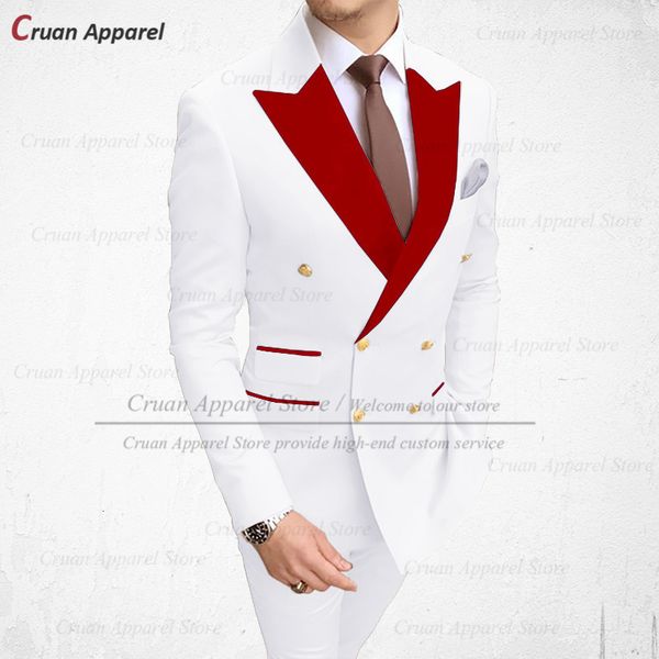 Costumes pour hommes Blazers Élégant Mariage Hommes Blanc Ensemble Slim Fit Garçons D'honneur Marié Smoking Sur Mesure Plus La Taille Rouge Velours Revers Blazer Pantalon 2 Pcs 230720