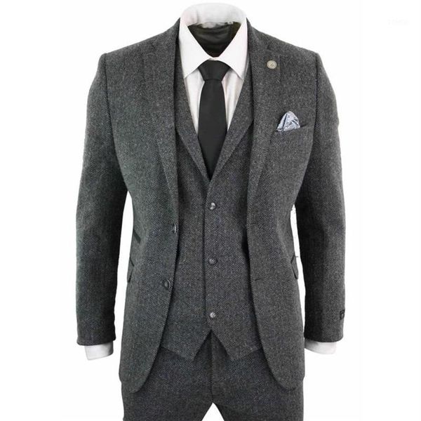 Trajes para hombres Blazers Traje 3 FOTOS Espiga Gris oscuro Solapa Lana Tweed Slim Fit para boda formal Ropa de novio Blazer Vest233I