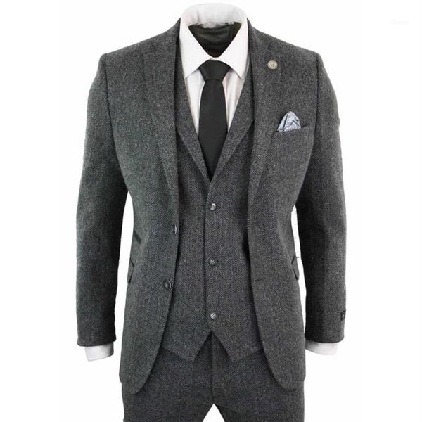 Trajes de hombre Blazers Traje 3 FOTOS Espiga Gris oscuro Solapa Lana Tweed Slim Fit para boda formal Ropa de novio Blazer Vest2176