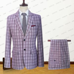 Costumes pour hommes Blazers Été Hommes Lin Costumes Slim Fit Rouge Blanc Reto Classique Plaid Casual Business Formel Tuxedo Mariage 2 Pcs SetJacketPants 230509