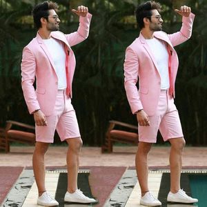 Pantalones cortos de verano trajes de lino rosa para hombres para playa boda novio esmoquin padrino hombre traje Homme 2 piezas