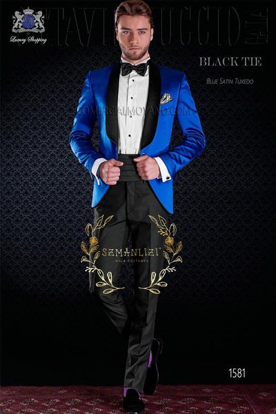 Trajes de hombre Blazers SZMANLIZI DISFRACES MASCULINOS Italiano Royal Blue Satin Wedding Tuxedo Smoking Jacket Vestido de fiesta Novio Padrinos de boda Prom