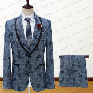 Costumes pour hommes Blazers Costumes sur mesure Hommes Bleu Denim Jacquard Smoking De Mariage Avec Velours Châle Revers 2 Pièces Homme Mode Robe D'affaires 230509