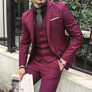 Herenpakken blazers op maat gemaakte bordeaux paars pak mannen bruidegom slank fit 3 -delige smoking tuxedo prom bruiloft pakken blazer terno masuclino jacketpantvest 230506