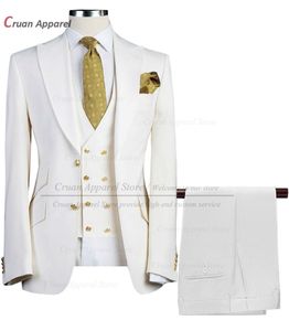 Trajes de hombre Blazers Marca a medida Blanco marfil para hombres Slim fit Prom Wedding Groom Tuxedo Set Party Botones dorados Blazer Chaleco Pantalones 3 piezas 230630