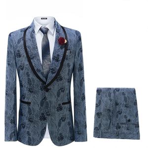 Costumes pour hommes Blazers Terno Masculinos Completo Denim bleu Jacquard Floral costumes de mariage pour hommes messieurs smoking ed revers 2 pièces veste pantalon mince 230927