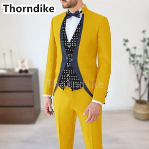 Herenpakken Blazers Thorndike Stand Kraagkostuum Homme 2023 Gele jurk Tuxedos voor bruiloft Dagelijkse werkkleding Formele Terno Masculino 3 Pi