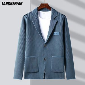 Herenpakken Blazers Top Grade merk Casual Fashion Slim Fit Striped Blazer Jacket Smart Elegant Stylish Knitting Suit Men Coat Heren Kleding 230412