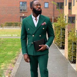 Herenpakken Blazers Tpselade Dark Green Double Breasted Mens Tuxedos Twee stukken Pak voor Bruiloft Prom Peaited Revers