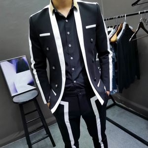 Herenpakken blazers trajes de hombre contrast streep blalck blanke mannelijke bruiloft bruidegom veer vermomde slanke podium outfit party 230206