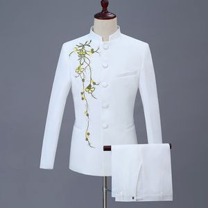 Herenpakken blazers twee pc's set pak jas broek mode casual boetiek gepersonaliseerd afdrukken stand -up kraag Chinese tuniek 230213