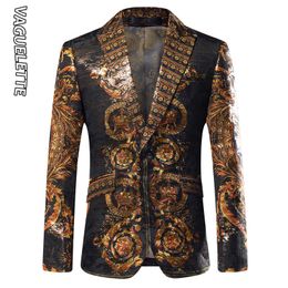 Costumes pour hommes Blazers VAGUELETTE noir doré hommes Blazers marque de luxe italie Style scène Costumes pour chanteurs hommes Blazer imprimé veste manteaux 230912