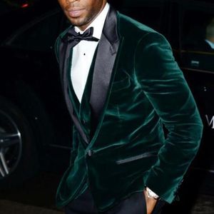 Costumes pour hommes Blazers Velvet Slim Fit Men pour le bal de bal avec un revers noir Blazer vert foncé 3 pièces de marié de marié Tuxedo Male Fashion Stage