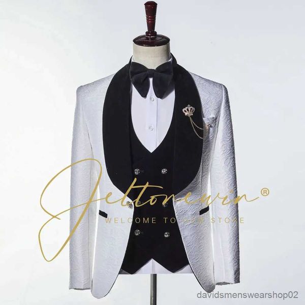 Costumes pour hommes Blazers costumes de mariage pour hommes 2022 nouveau Design formel smoking blanc manteau à fleurs noir gilet pantalon marié Costume de fête 3 pièces Costume Homme