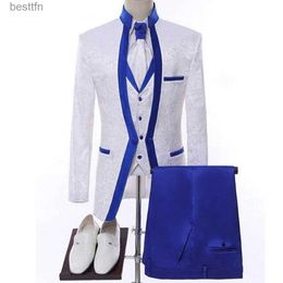 Herenpakken Blazers Witblauwe mannen Pak voor bruiloft Groom Tuxedos Shl kraag formeel jasje blazer broeken Vest driedelig