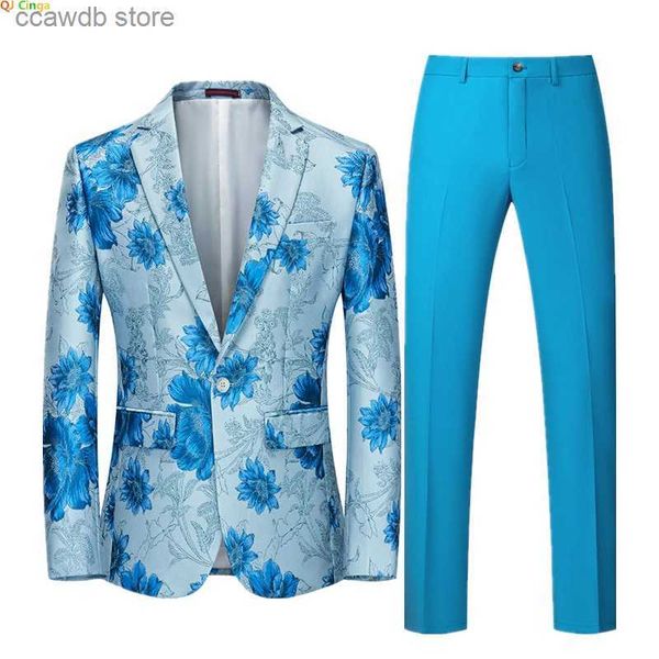 Costumes pour hommes Blazers blanc brodé à deux pièces veste de costume de slim pour hommes et pantalon bleu vert homme pantalon de couche de blazer grande taille m-5xl 6xl t240110