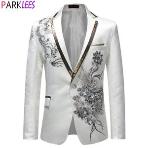 Herenpakken blazers witte bloemen pailletten borduurwerk jas mannen bruiloft bruidegom smoking pak blazers heren heren één knop revers podium kostuum homme 230130