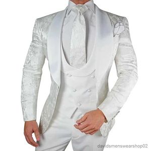 Costumes pour hommes Blazers Blanc Floral Mariage Tuxedo pour le marié 3 pièces Slim Fit Hommes Costumes avec Satin Châle Revers Personnalisé Mâle Mode Costume Veste Gilet