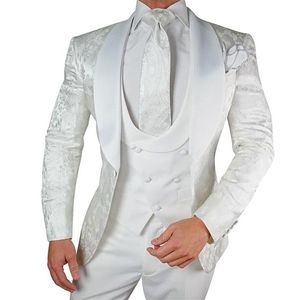 Trajes para hombres Blazers White Floral Wedding Tuxedo para el novio 3 piezas Slim Fit Trajes para hombres con solapa de chal de satén Chaqueta de traje de moda masculina personalizada Chaleco 220909