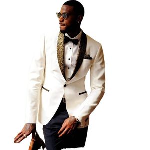Herenpakken Blazers Wit Bruidegom Tuxedos voor Groomsmen met Floral Sjaal Revers 2 Stuk Slim Fit Mannen Jas Zwart Broek Afrikaanse Mannelijke Mode